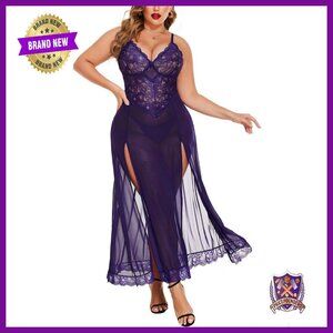 Plus Size Lace Babydoll Long Lingerie Dress Side Split Nightgown